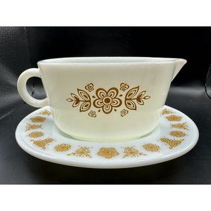 Vintage Pyrex Milk Glass Butterfly Gold Gravy Boat With Under Plate